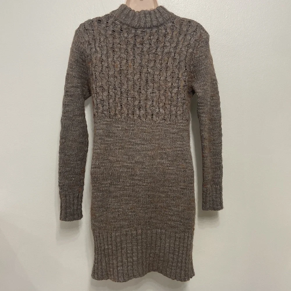 American Eagle Cable-Knit Sweater Dress S Brown/Gray Mock-Neck Mini Cozy Fall - Picture 2 of 6